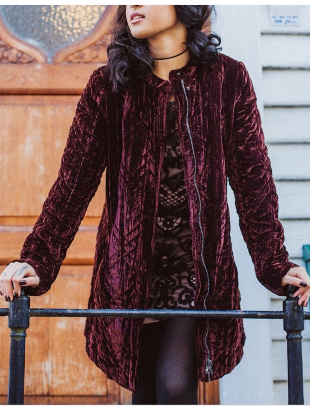 Free People Quilted Velvet Longline Jacket Burgundy Rust Coat Women’s Size S